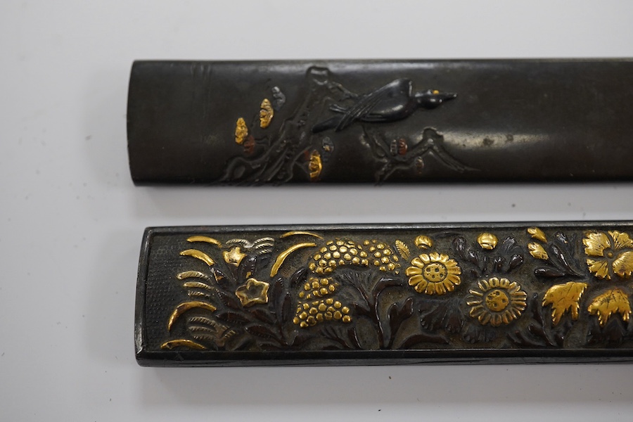 Two 19th century Japanese bronze and mixed metal kozuka knife handles, largest 9.5cm. Condition - good